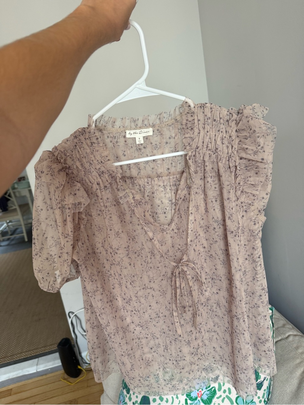 Floral Ruffle-Sleeve Blouse with Tie Neck
